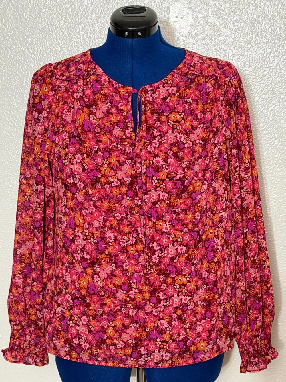 J. Crew Pink Floral Tie-Neck Long Sleeve Blouse. Size-M